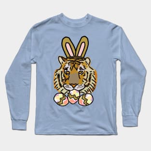 Happy Easter Bunny Ears on Tiger Eating Easter Eggs Long Sleeve T-Shirt